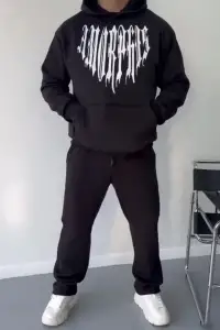 Erkek Kapüşonlu Kanguru Cepli Sweatshirt 3 İplik Pamuklu Baskılı Hoodie -  Siyah
