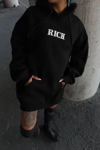 Kadın Kapüşonlu Kanguru Cepli Sweatshirt 3 İplik Pamuklu Baskılı Hoodie - Siyah