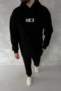 Erkek Kapüşonlu Kanguru Cepli Sweatshirt 3 İplik Pamuklu Baskılı Hoodie -  Siyah