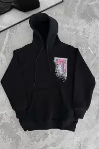 Kadın Kapüşonlu Kanguru Cepli Sweatshirt 3 İplik Pamuklu Baskılı Hoodie - Siyah