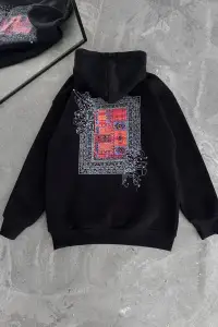 Erkek Kapüşonlu Kanguru Cepli Sweatshirt 3 İplik Pamuklu Baskılı Hoodie - Siyah