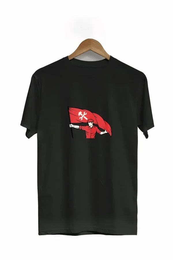 1 Mayıs Emek ve Dayanışma Bayraklı Emekçi Baskılı Bisiklet Yaka T-shirt - Siyah
