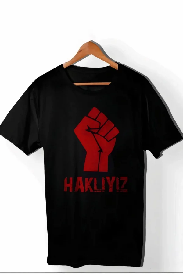 1 Mayıs Emek ve Dayanışma Günü HAKLIYIZ Baskılı Bisiklet Yaka T-shirt - Siyah