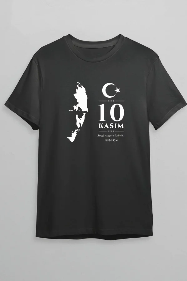 10 Kasım Atatürk Anma Günü Silüet Baskılı Oversize Bisiklet Yaka T-shirt - Siyah