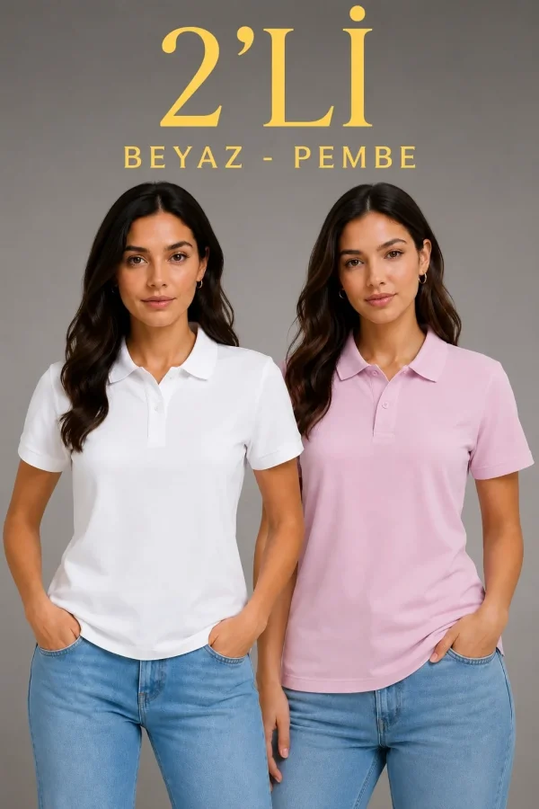 2li Kadın Polo Yaka Pike Kumaş Düğmeli Basic Tişört Günlük Rahat Kesim - Beyaz, Pembe