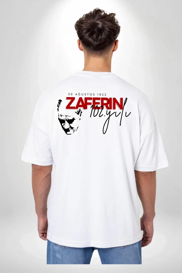 30 Ağustos Zafer Bayramı Ön Arka Baskılı Oversize Bisiklet Yaka T-shirt - Beyaz