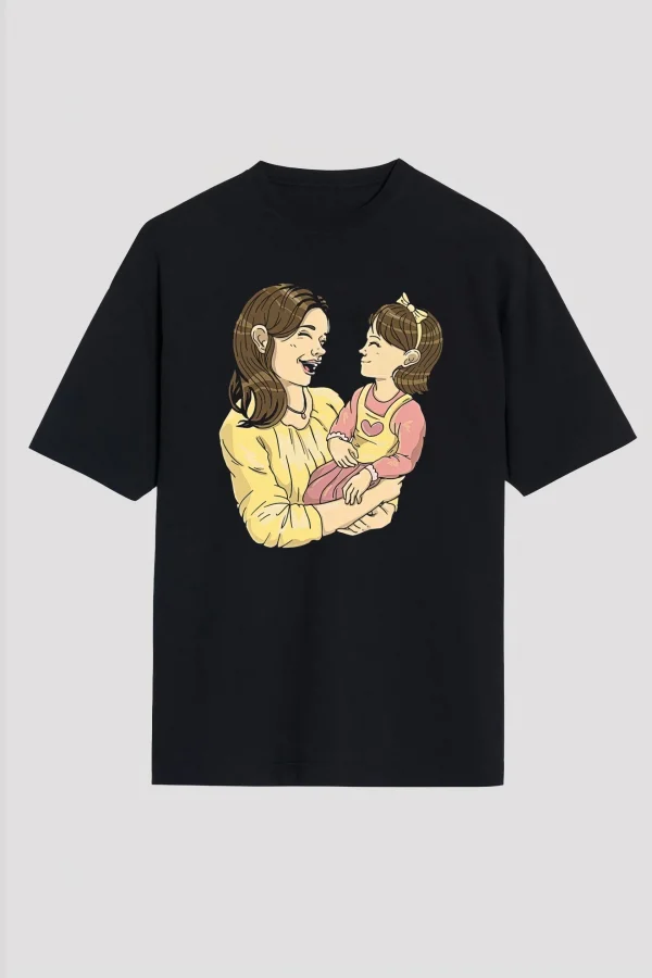 Anneler Günü Hediye Anne Kız Temalı Baskılı Oversize Bisiklet Yaka T-shirt - Siyah