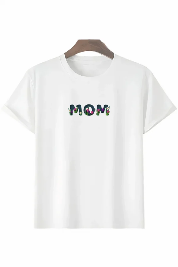 Anneler Günü Hediye Mom Çiçek Baskılı Oversize Bisiklet Yaka T-shirt - Beyaz