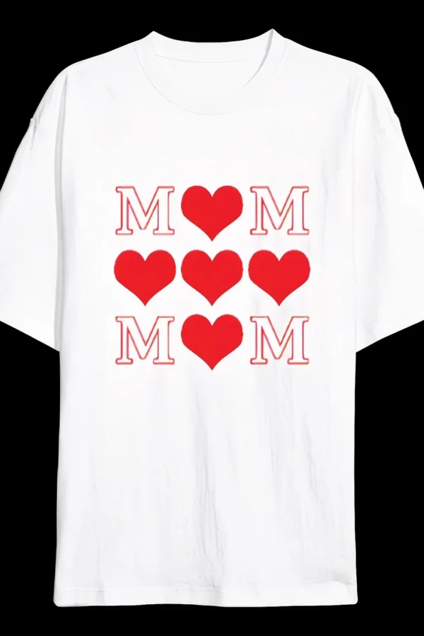 Anneler Günü Hediye MOM Kalp Baskılı Oversize Bisiklet Yaka T-shirt - Beyaz