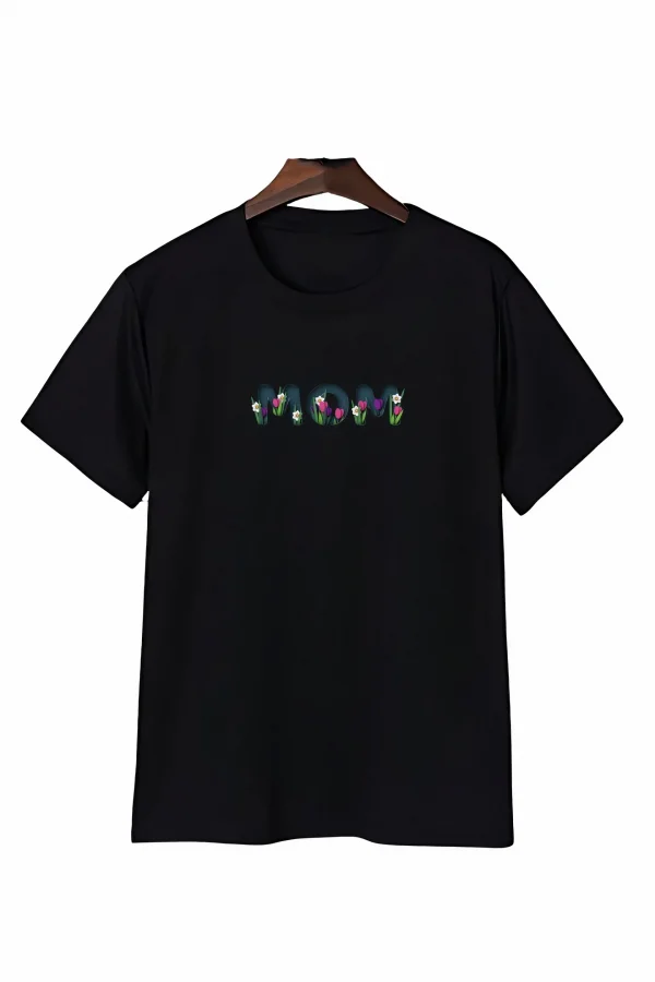 Anneler Günü Mom Çiçek Temalı Baskılı Oversize Bisiklet Yaka T-shirt - Siyah