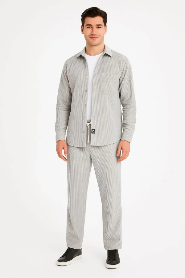 Erkek Kadife Oversize Takım Gömlek Pantolon İkili Set - Gri