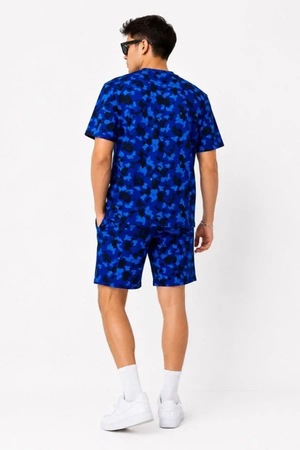 Erkek Oversize Kalıp Pubg Bape X Shark Nakışlı Cepli Şort Takım - Mavi