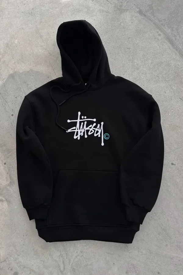 Kadın Oversize Kapüşonlu Cepli Baskılı 3 İplik Pamuklu Hoodie Sweatshirt - Siyah