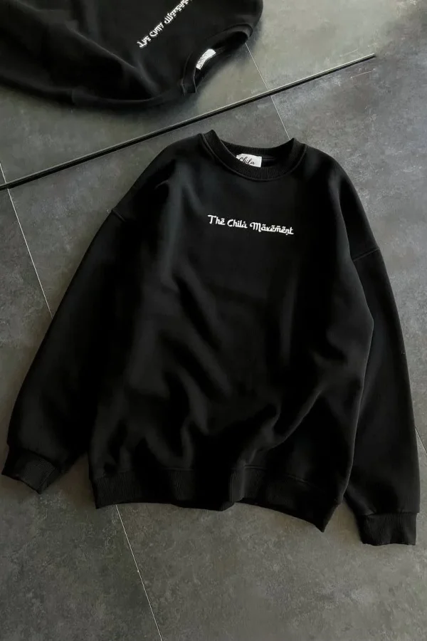 Kadın 3 İplik Pamuklu Bisiklet Yaka Baskılı SweatShirt - Siyah