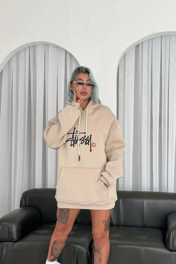 Kadın Oversize Kapüşonlu Cepli Baskılı 3 İplik Pamuklu Hoodie Sweatshirt - Bej