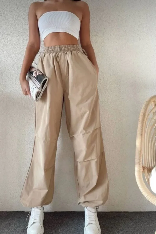Kadın Cepli Paraşut Pantolon - Bej
