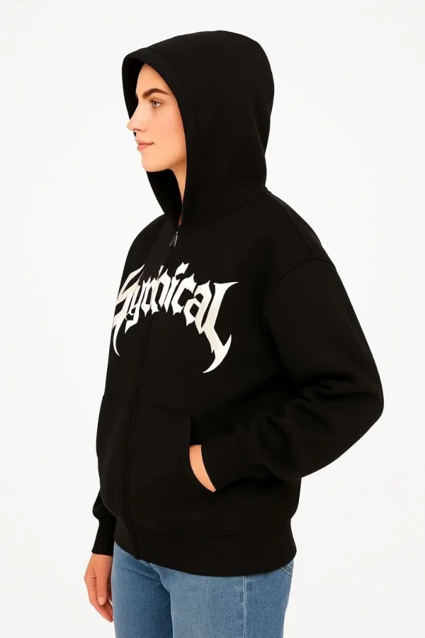 Kadın Kapüşonlu 3 İplik Şardonlu Önü Baskılı Fermuarlı Oversize Sweatshirt - Siyah