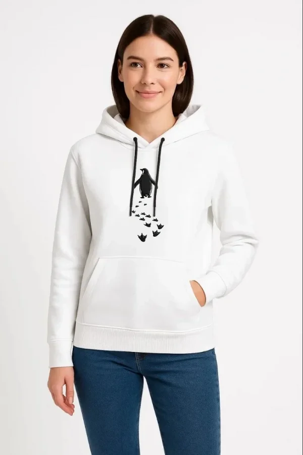 Kadın 3 İplik Pamuklu Kapüşonlu Hoodie Sweatshirt Nihilist Penguen Baskılı - Beyaz