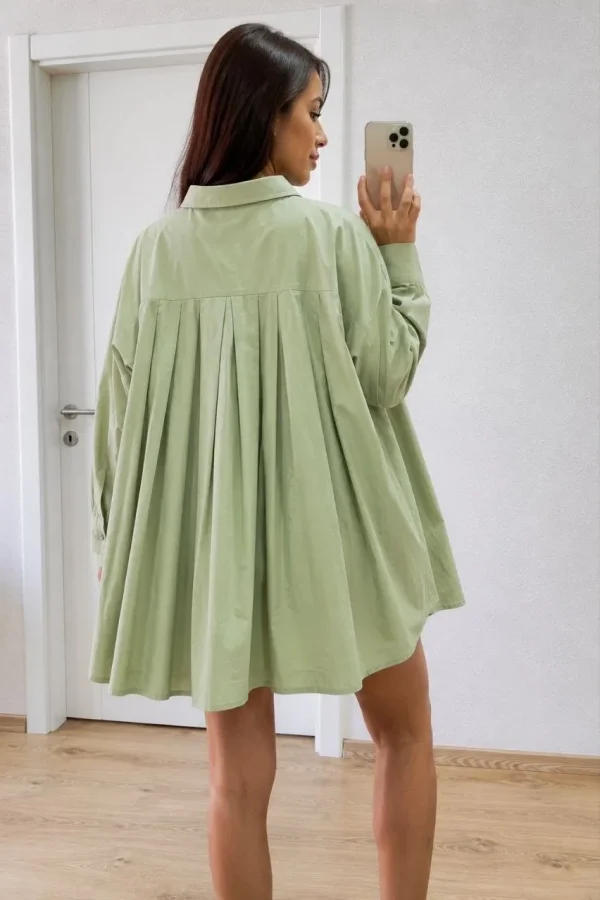 Kadın Oversize Pens Detaylı Cepli Yırtmaçlı Rahat Kalıp Poplin Gömlek - Yeşil