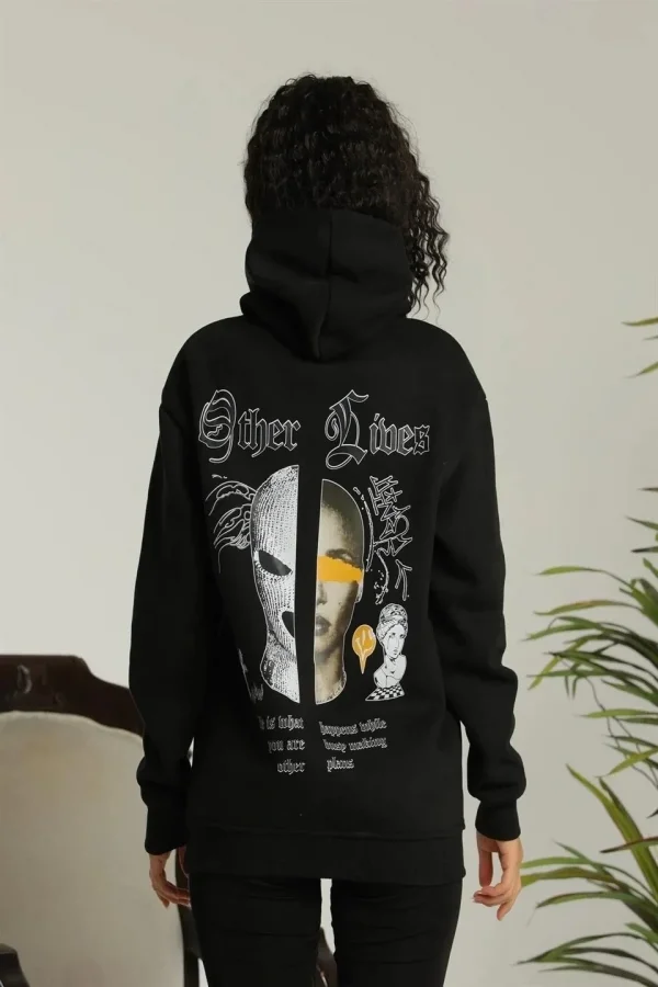 Kadın Oversize Kapüşonlu Cepli Baskılı 3 İplik Pamuklu Hoodie Sweatshirt -  Siyah