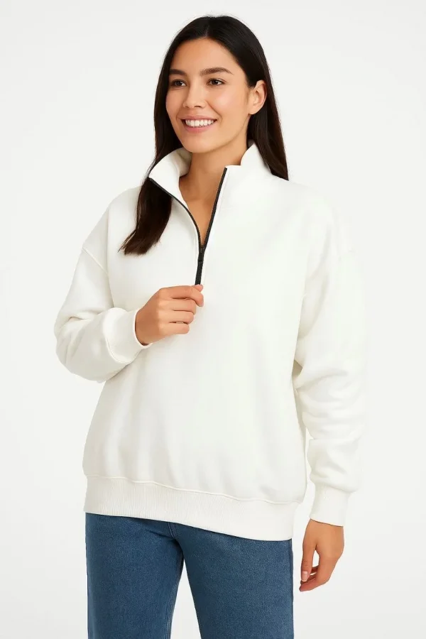 Kadın 3 İplik Pamuklu Dık Yaka Yarım Fermuarlı SweatShirt - Beyaz