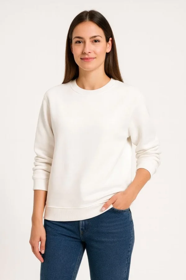 Kadın 3 İplik Pamuklu Düz Bisiklet Yaka SweatShirt - Beyaz