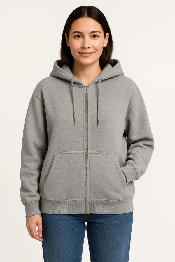 Kadın 3 İplik Pamuklu Kapüşonlu Tam Fermuarlı Kanguru Cepli Sweatshirt Hoodie - Gri