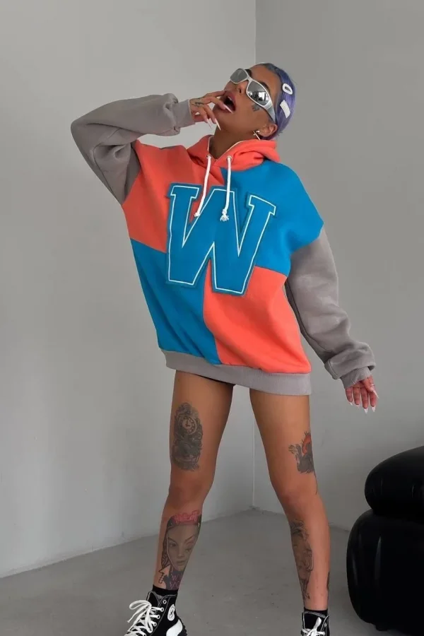 Kadın W Nakış İşlemeli Kapüşonlu 3 iplik pamuklu Parçalı Sweatshirt Hoodie - Mavi