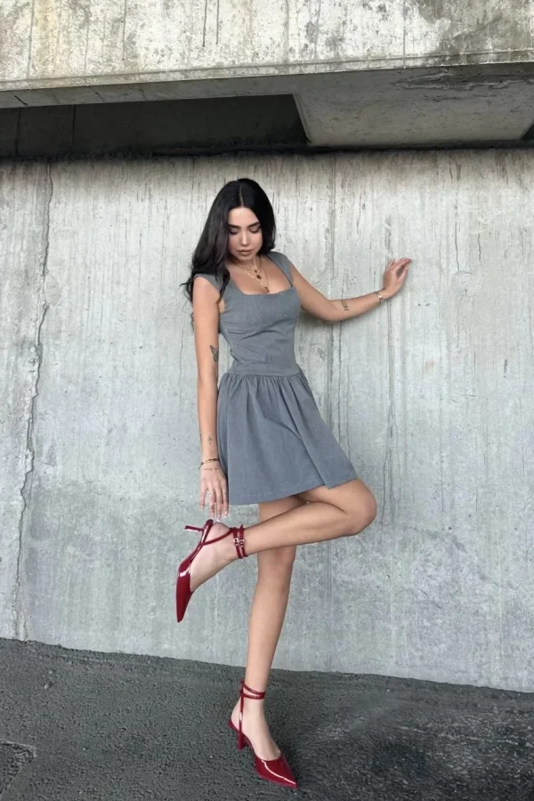 Kolsuz Mini Elbise- Gri