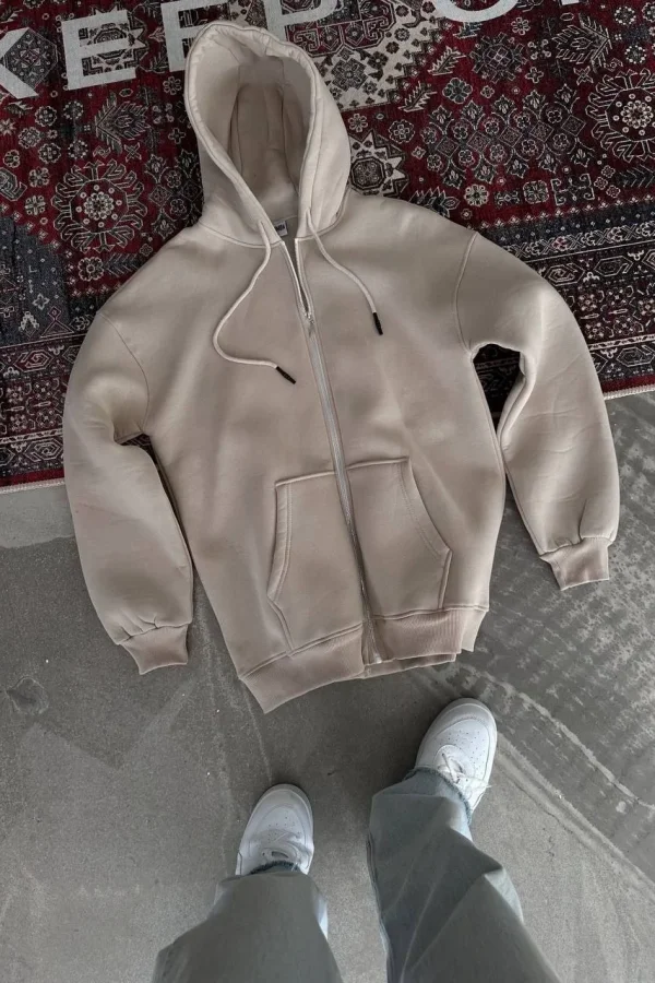 Kadın 3 İplik Pamuklu Kapüşonlu Kanguru Cepli Baskılı Oversize Hoodie Sweatshirt - Bej