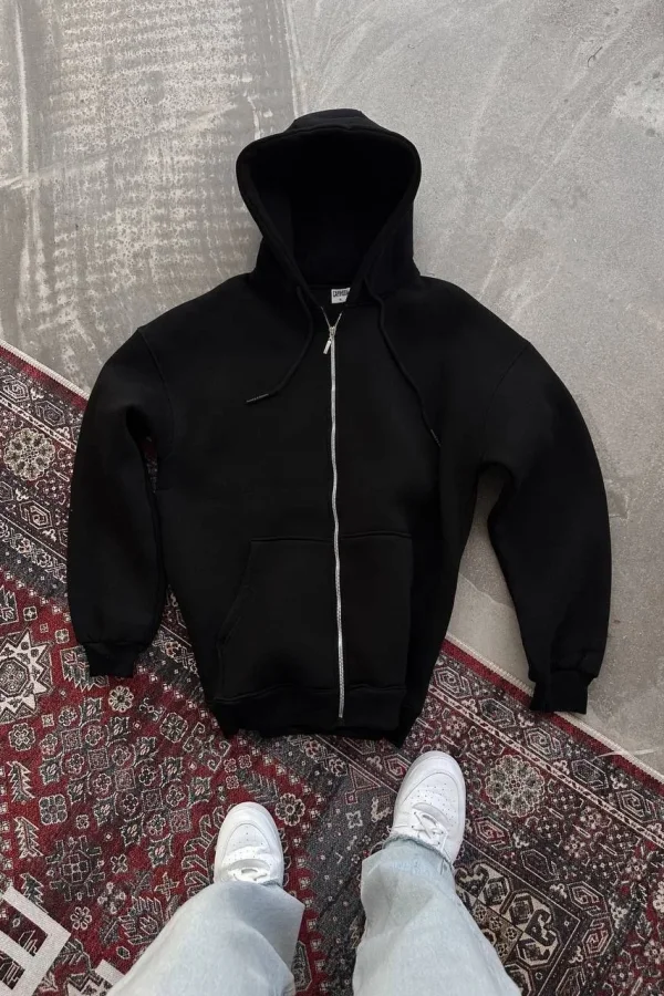 Kadın Tam Fermuarlı Cepli Kapüşonlu 3 iplik pamuklu hoodie Sweatshirt - Siyah