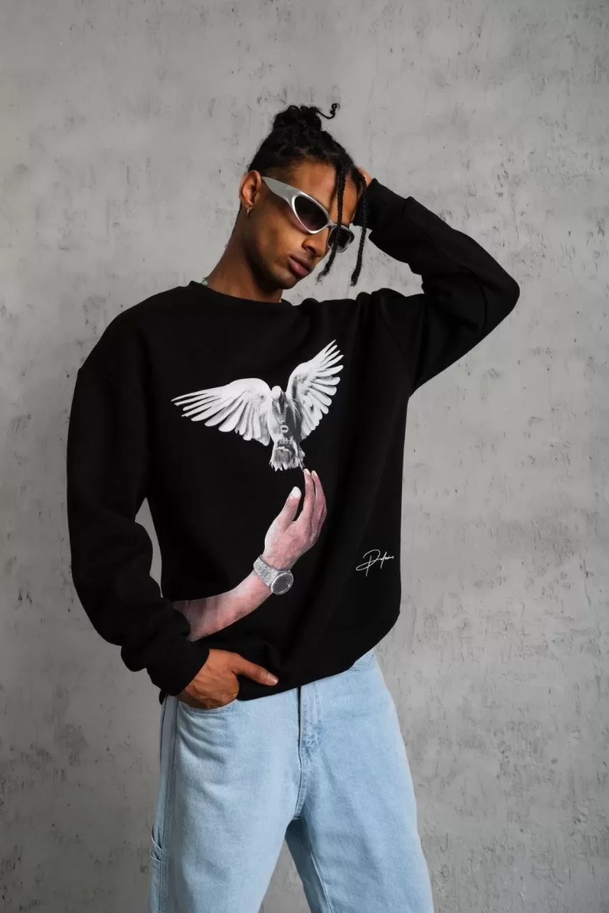 Erkek Güvercin Baskılı Sweatshirt - Siyah