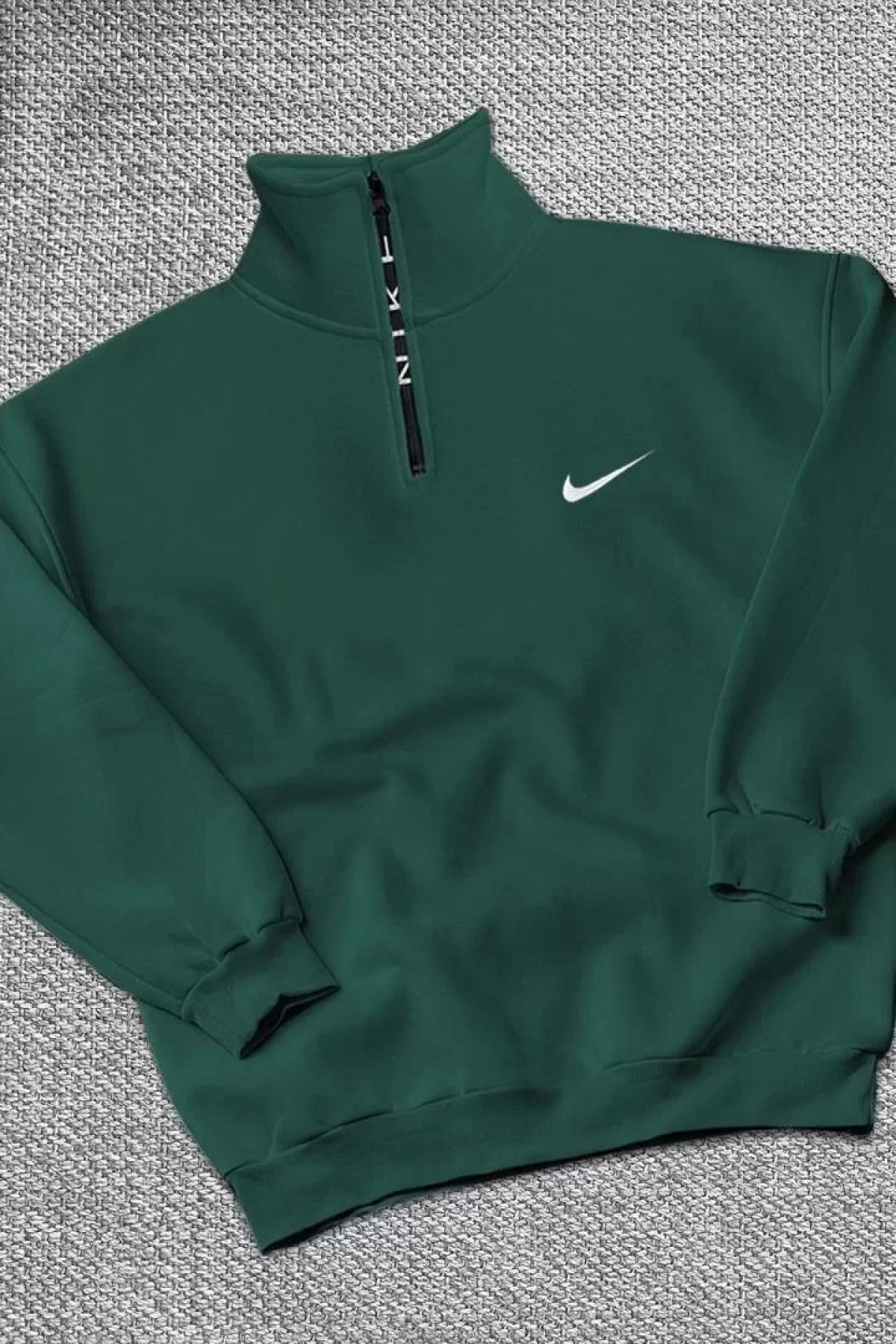 Erkek Yarım Fermuarlı Üç iplik Şardonlu Pamuklu Sweatshirt - Yeşil