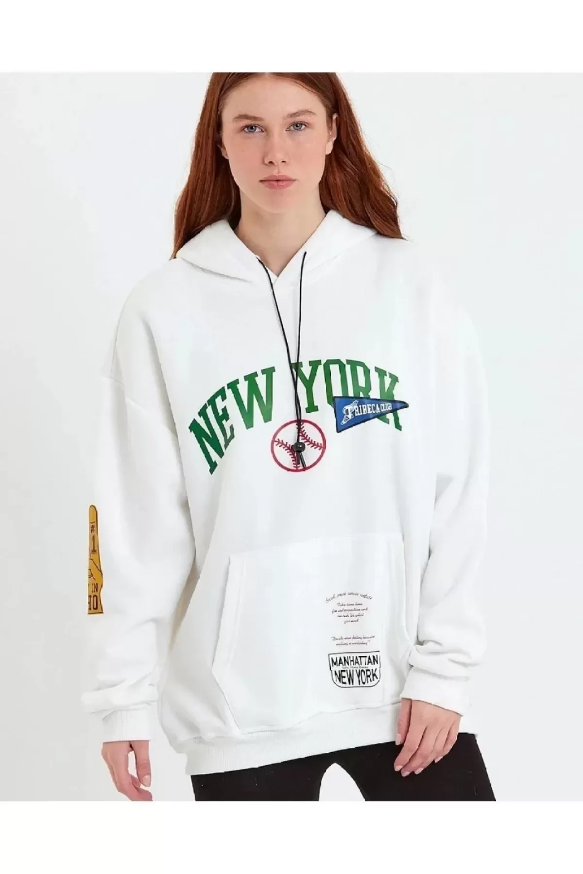 Kadın Baskılı Kapüşonlu Sweatshirt - Beyaz