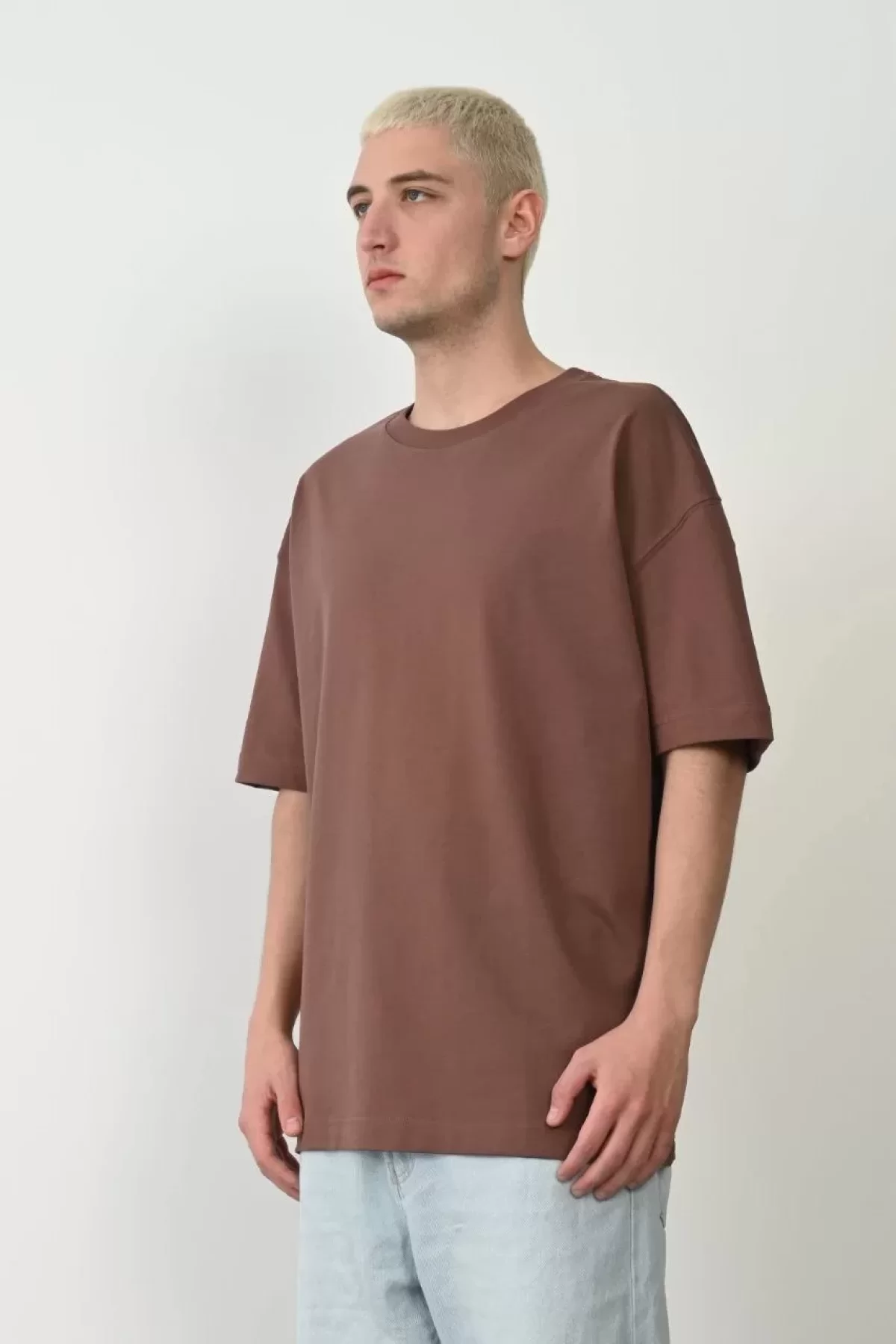 Unisex Basic Bisiklet Yaka Oversize T-Shirt - Mürdüm