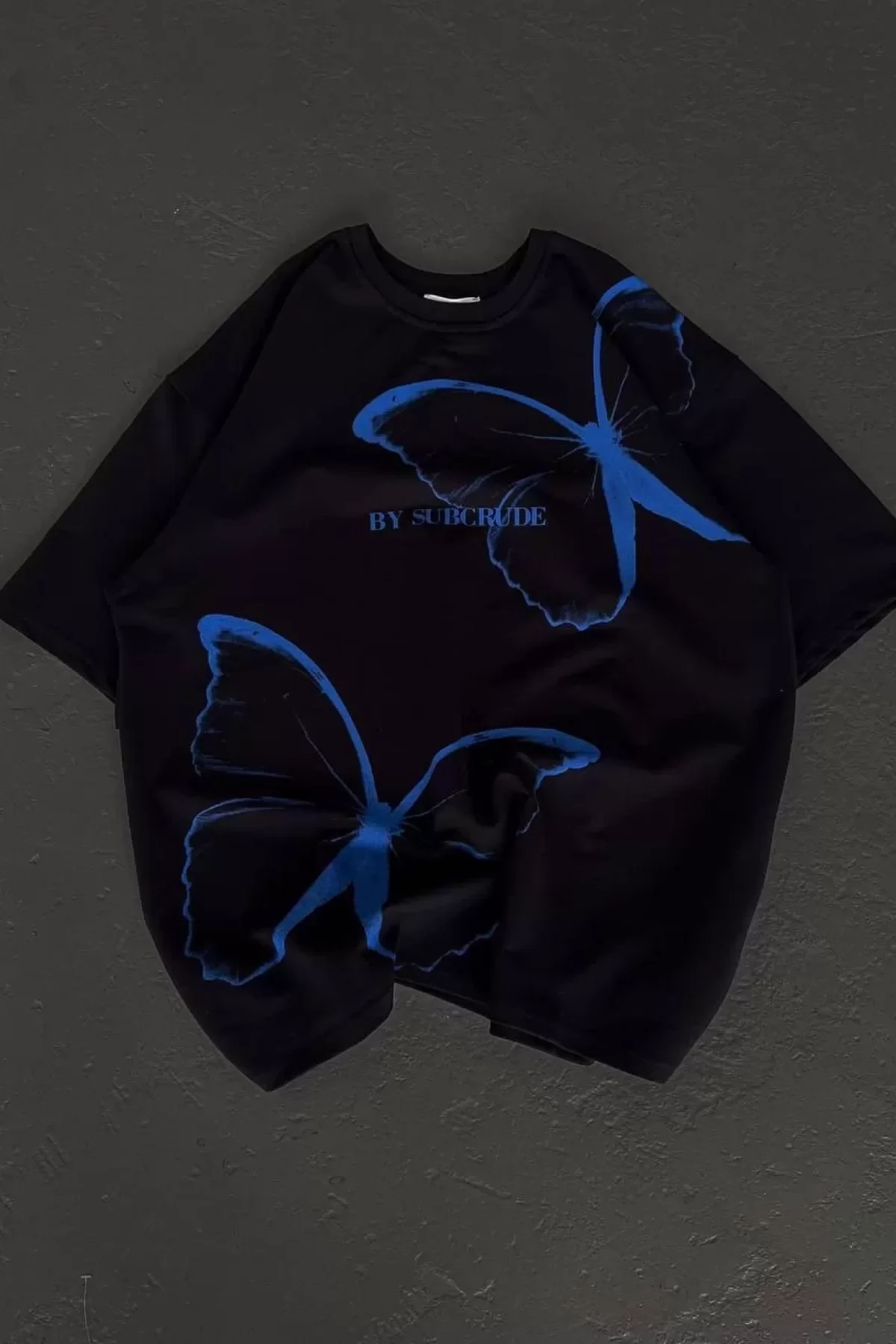Unisex Bisiklet Yaka Baskılı Oversize T-Shirt - Siyah