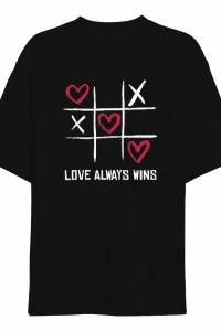 14 Şubat Sevgililer Günü Love Always Wins Baskılı Oversize Bisiklet Yaka T-shirt - Siyah