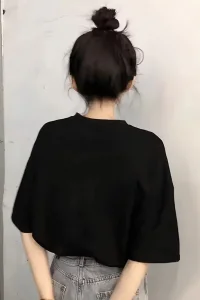 Kadın Kısa Kol Yazlık Tişört Bisiklet Yaka Baskılı Oversize T-Shirt - Siyah