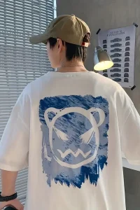 Erkek Tişört Bisiklet Yaka Kore sevimli ayı baskı Kısa Kol T-Shirt  - Beyaz