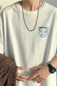 Erkek Tişört Bisiklet Yaka Kore sevimli ayı baskı Kısa Kol T-Shirt  - Beyaz