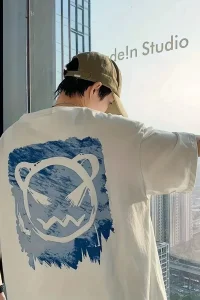 Erkek Tişört Bisiklet Yaka Kore sevimli ayı baskı Kısa Kol T-Shirt  - Beyaz