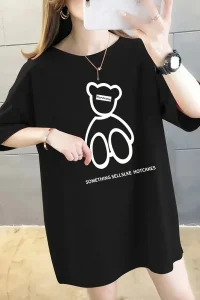 Kadın Tişört Penye Compack Baskılı Oversize Bisiklet Yaka T-shirt - Siyah