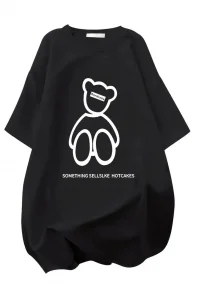 Kadın Tişört Penye Compack Baskılı Oversize Bisiklet Yaka T-shirt - Siyah
