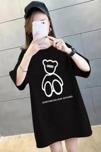 Kadın Tişört Penye Compack Baskılı Oversize Bisiklet Yaka T-shirt - Siyah