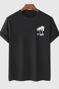 Erkek Kısa Kol Yazlık Tişört Bisiklet Yaka Palmiye Baskılı T-Shirt - Siyah