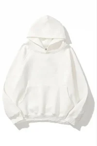 Kadın Kapüşonlu Kanguru Cepli 3 İplik Pamuklu Düz Hoodie Sweatshirt - Beyaz