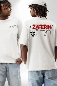 30 Ağustos Zafer Bayramı Ön Arka Baskılı Oversize Bisiklet Yaka T-shirt - Beyaz