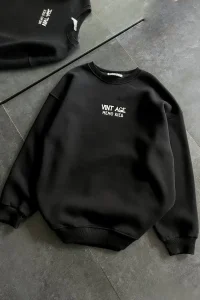 Kadın Bisiklet Yaka 3 İplik pamuklu Baskılı Oversize SweatShirt - Siyah