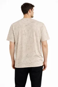Erkek Asit Yıkama Bisiklet Yaka Kısa Kollu Oversize T-Shirt Tişört - Bej