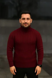 Erkek Tam Boğazlı Balıkçı Yaka Triko Kazak Kalın Fitilli - Bordo